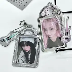 Cute 3 Inch Photocard Holder Rock Kitten Transparent Idol Photo Protective Case PVC Photo Card Spring Keychain Card Decoration