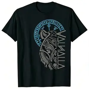 Men's Viking Graphic T-Shirt - Odin Runes & Wolf Design, 100% Cotton Retro Menswear Top, Soft Oversized Short-Sleeve Casual Tee