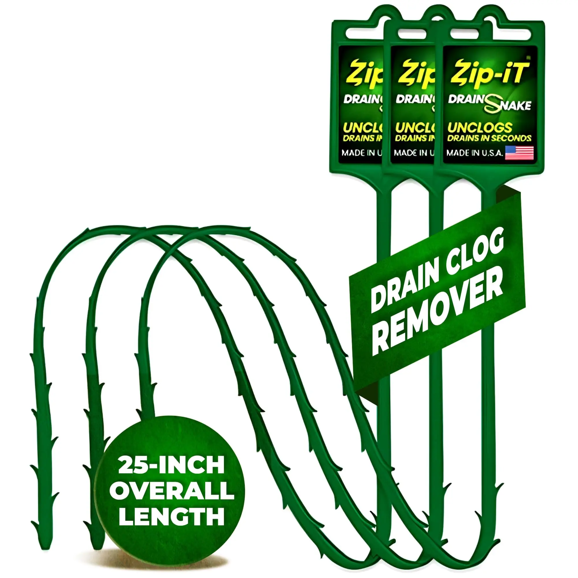 The original Zip-It Hair Clog Remover 25-inch Overall Length Drain Snake Cleaner (3-Pack), Unclog Your Sink, Shower, & Tub Drain In Seconds – Non-toxic, Made in the USA