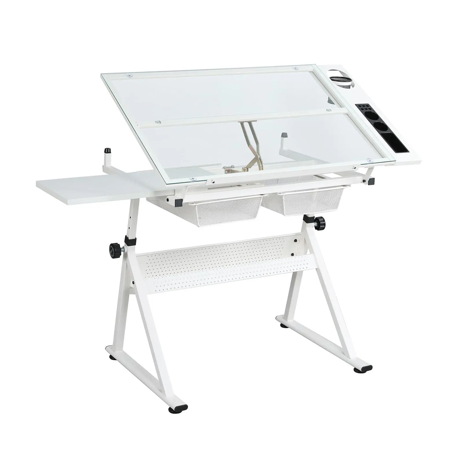 GARVEE White Rectangular Height-Adjustable Glass Top Drafting Table Set with Stool, 2 Storage Drawers, Tilting Multifunctional Art Craft Work Station for Home Office