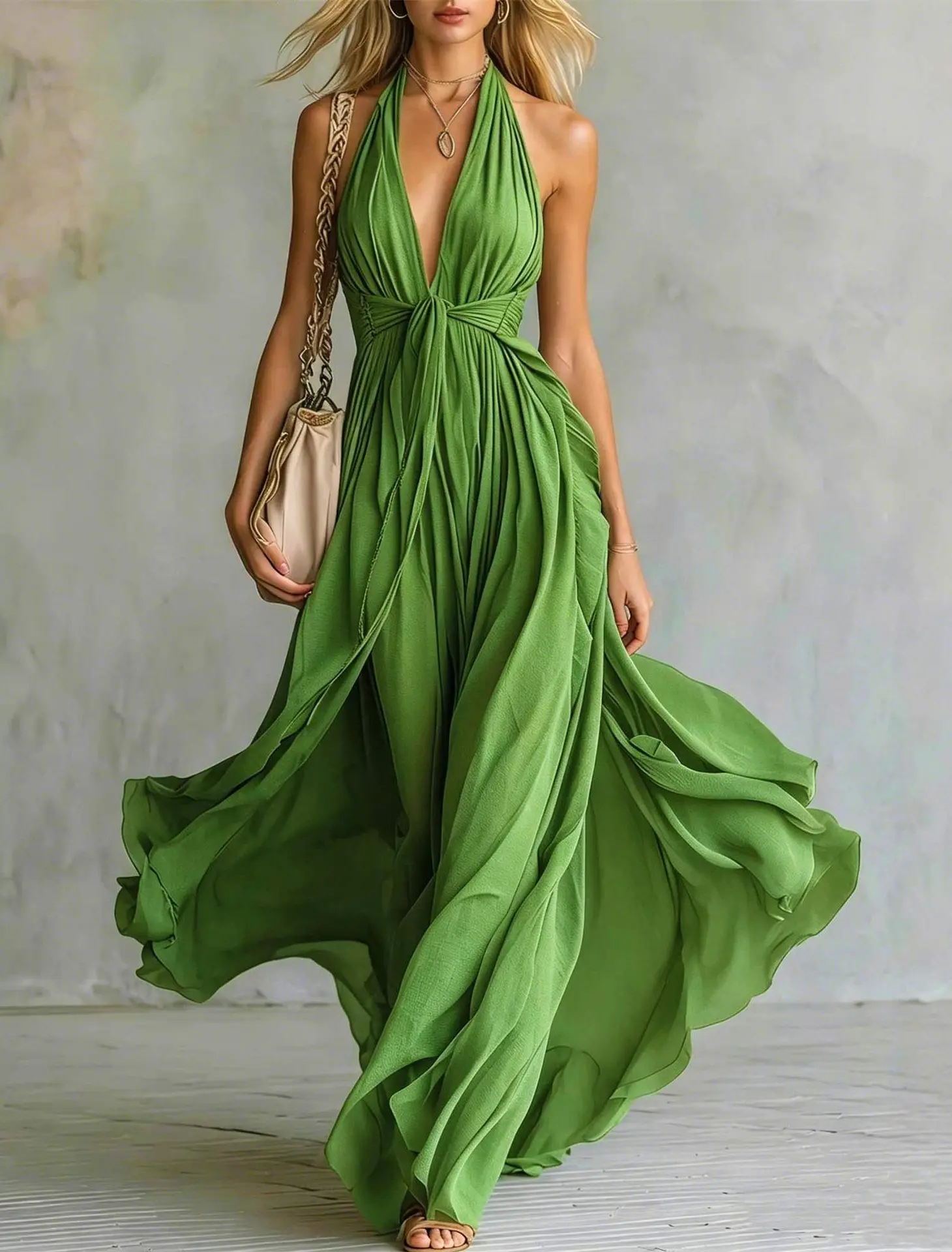 Women's Elegant Bohemian Halter Plunging V-Neck Flowy Fabric Maxi Dress, Lady's Sleeveless Tie-Waist Formal Wear, Summer Beach Vacation Gown, Chic, Womens Dresses