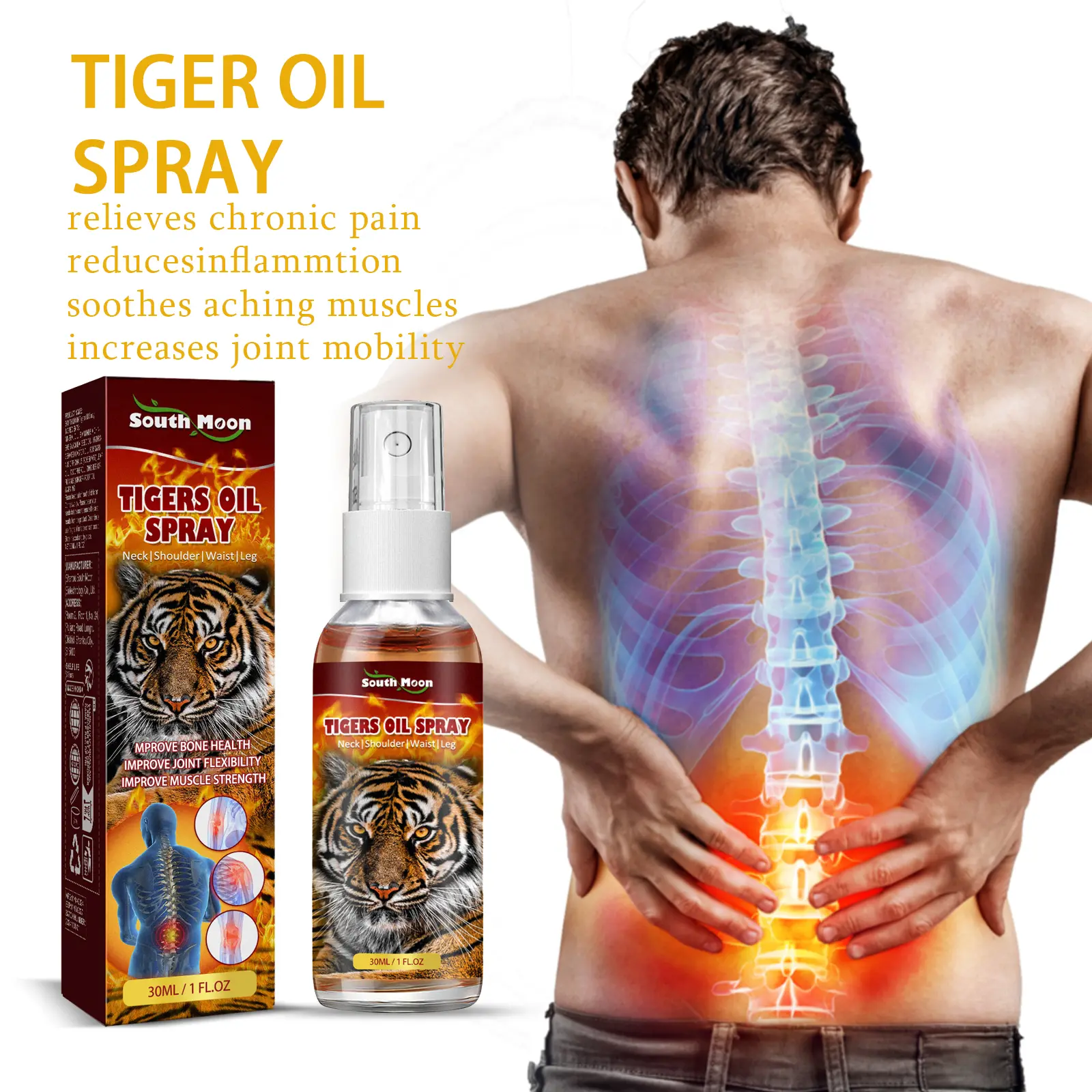 South Moon Tiger Oil Spray for Joint, Muscle & Back Pain Relief, External Massage Oil with Clove & Peppermint for Daily Wellness, Therapy, Inflammation, Clove Oil