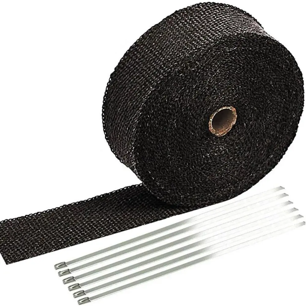 2 in x 50 ft Black Fiberglass Exhaust Heat Wrap Roll for Motorcycles & Cars, Abrasion Resistant Heat Tape with Stainless Steel Ties, 2 Inch X 50 Feet