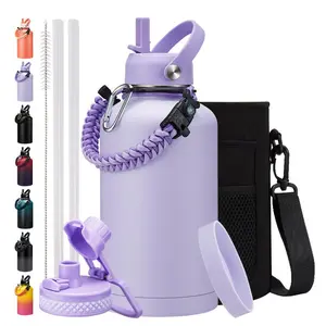 64oz Insulated Water Bottle with Straw - Spout Lids, Paracord Handle, Shoulder Carrier Bag,Bottle Sleeve with Strap, Paracord Handle, 32oz Flask Purple Metal Water Canteen, Stainless Steel Water Jug for Sports Gym Woman Girls