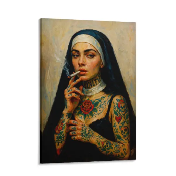 Rebel Bad Girl Nun Wall Decor Vintage Tattoo Art Picture Artwork Display for Man Cave Living Room Bar Housewarming Gift