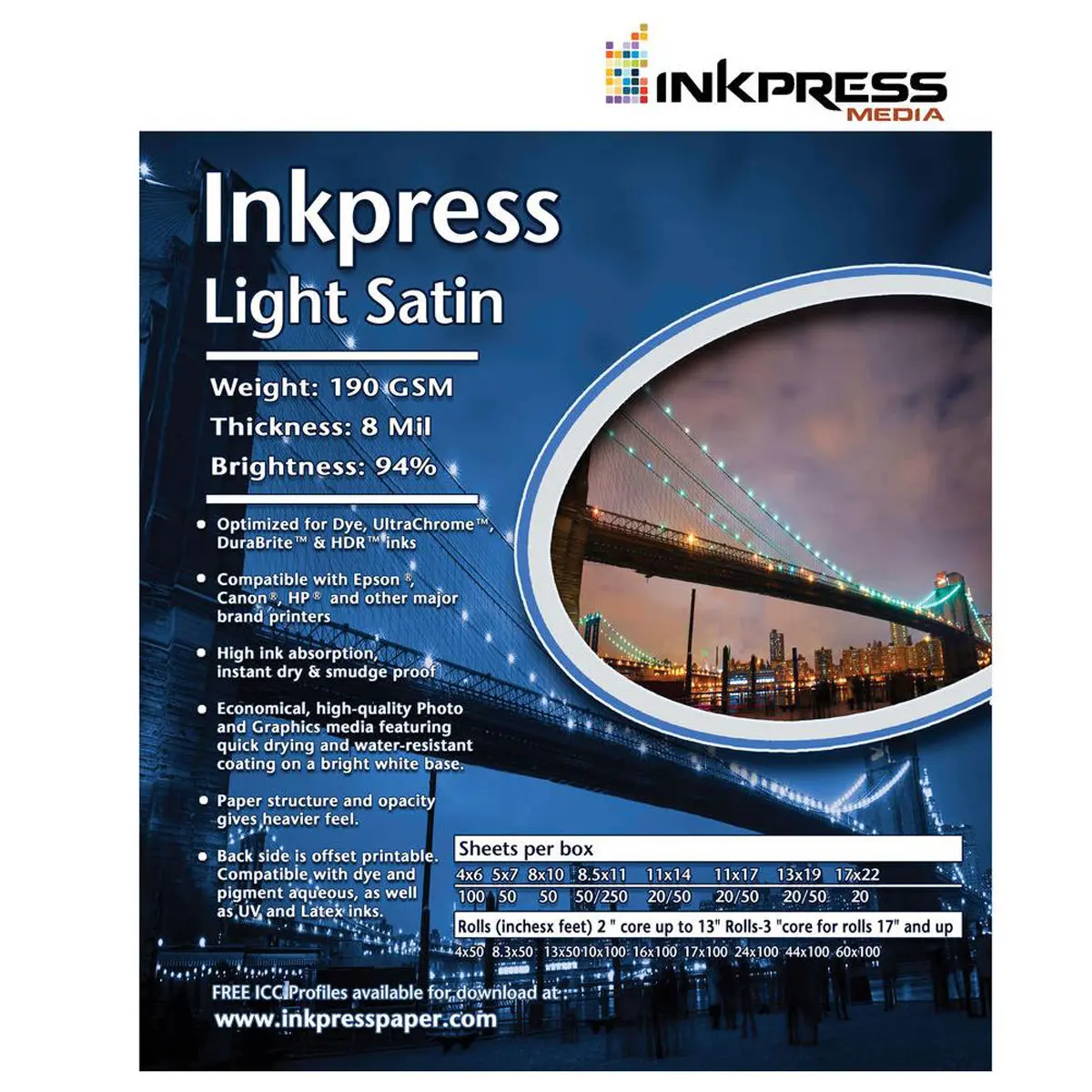 Inkpress Light Satin Inkjet Photo Paper, Single Sided, 190 gsm, 8 mil, 94% Bright, 13x19", 100 Sheets