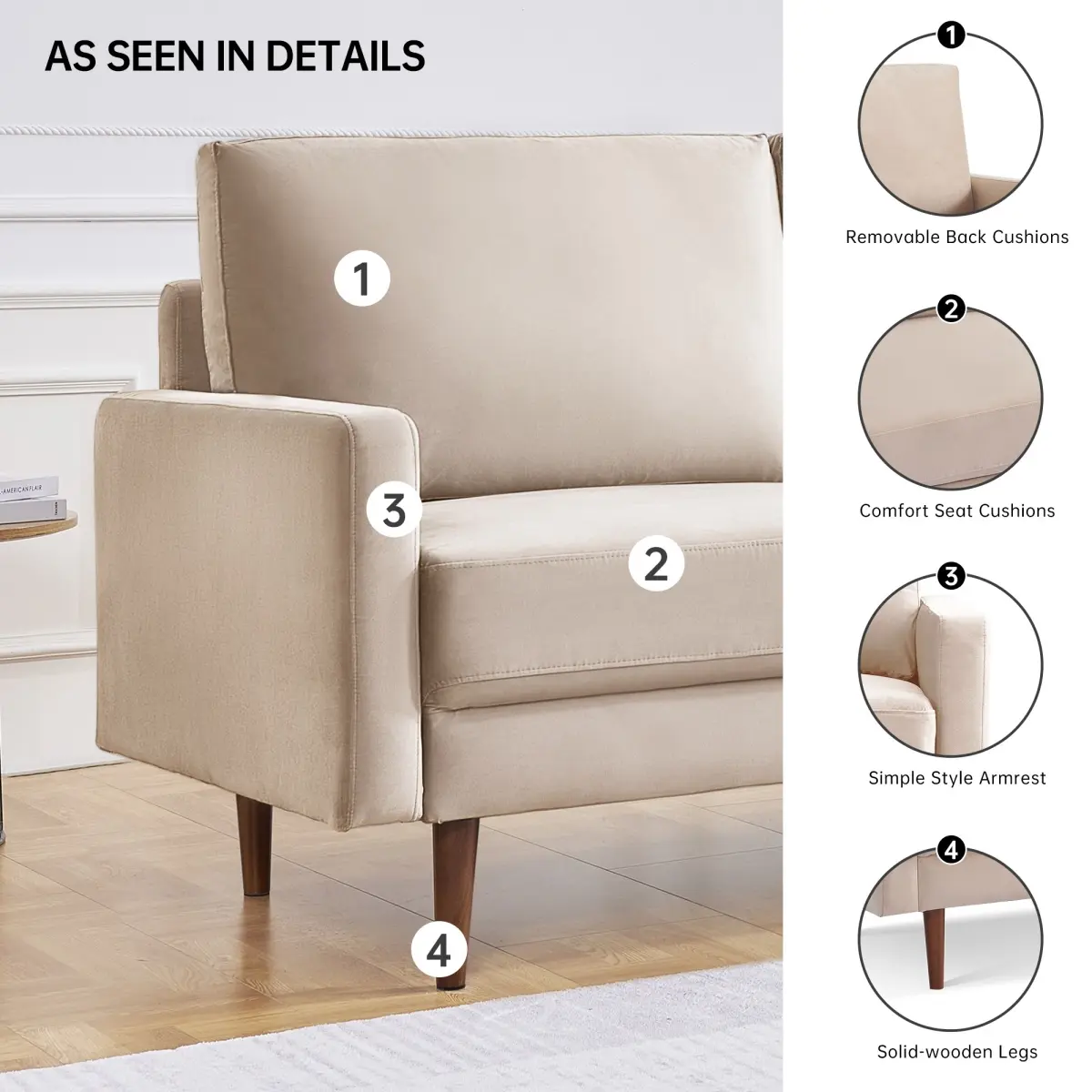 American Furniture Classics SS2789V-BG3S 69 in. OS Home & Office Furniture Wide Upholstered Two Cushion Sofa with Square Arms, Beige Velvet