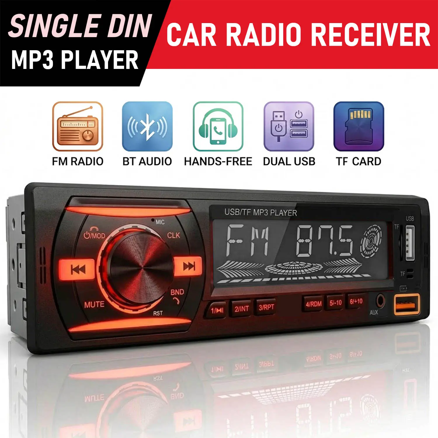 Single Din Car Radio Headunit MP3 Player Bluetooth Audio Receiver Wireless Stereo Music Streaming, Hands-Free Calling, Fast Charging, FM/USB/TF/AUX Port, 7-Color Backlight, Clock Display