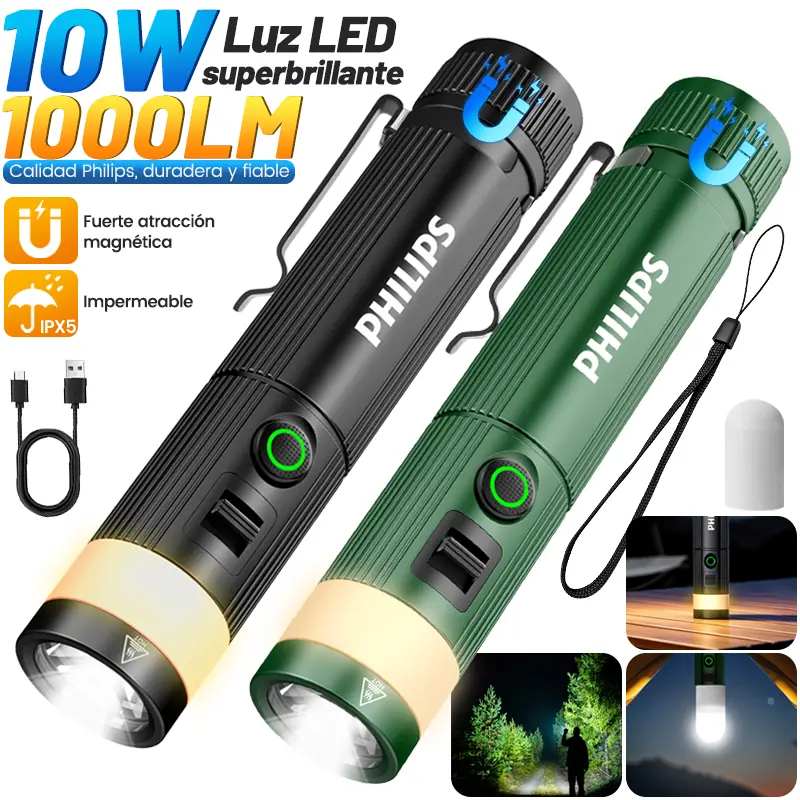 PHILIPS Portable EDC Rechargeable Handheld Torch - 1000 Lumens Ultra-Magnetic Work Light, 2000mAh, 5 Modes, IPX5 Rated, Camping Lantern, Heavy Duty for Outdoor & Emergencies