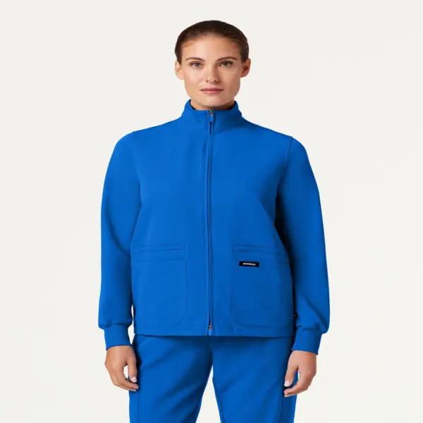 JAANUU Ceri Women's Classic Fit Scrub Jacket - Wrinkle-Resistant Stretch Fabric Medical Workwear with 6 Pockets for Everyday Style, Solid, Clothes, Uniforms, Soft, Comfortable, Polyester, Long Sleeve, Zip, Cozy Scrubs, Wrinkle-Free, Durable & Comfortable,