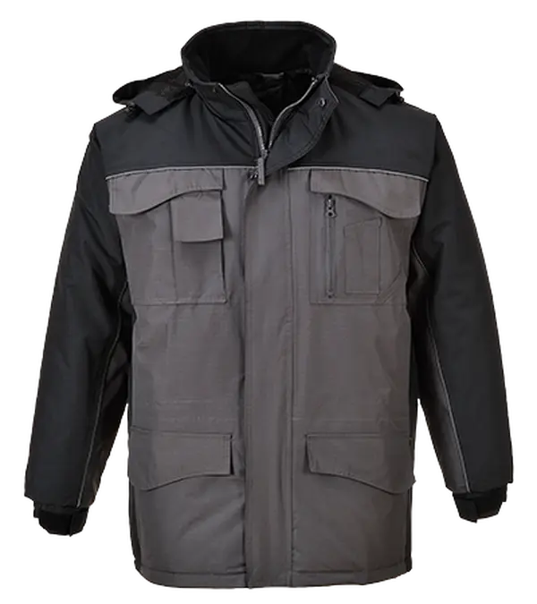 Portwest Men's Padded Fleece Lined Parka Coat, Waterproof Ripstop with Adjustable Hood & Multiple Pockets, Black/Grey, Coats, Menswear, Polyester, Polyester Clothes, Hook And Loop, Multi-Pocketed, Ripstop Fabric, 1 Pen, Standard Fit, 1 Cell Phone, 1 Inner