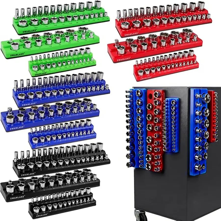 Magnetic Socket Organizer Set, 6 Pieces Various specifications, 1/2-inch, 3/8-inch, 1/4-inch Drive, Holds 143 SAE&Metric Sockets, Red & Blue, Professional Quality Tools Organizer Hardware Heavy Duty #TikTokShopBlackFriday fathersdaygift