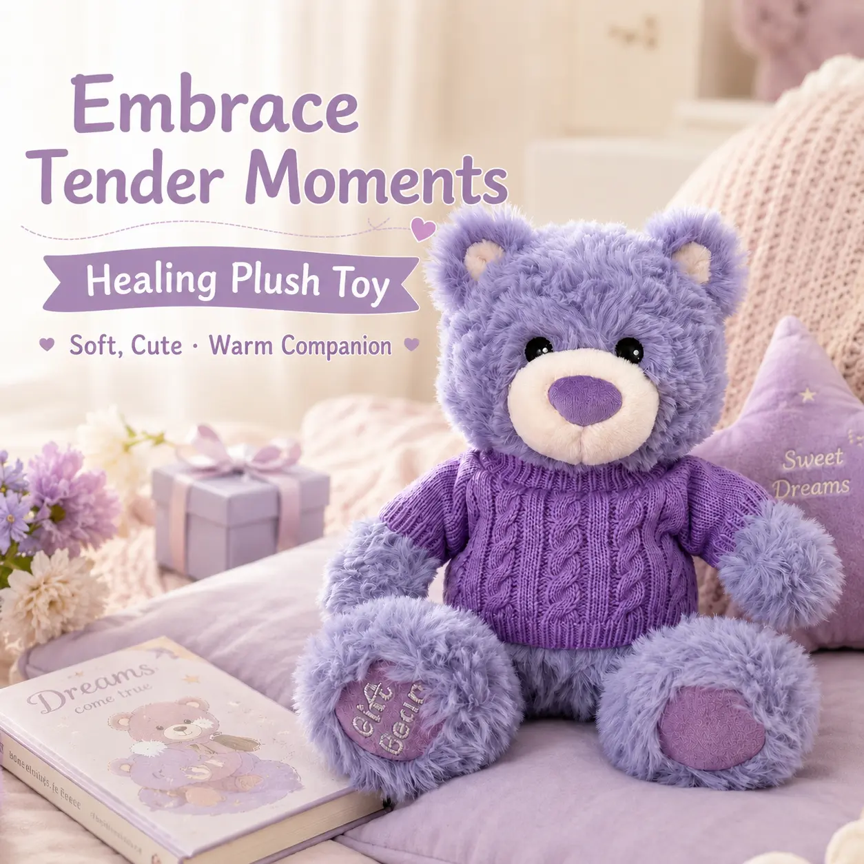 MINISO Geoforte Bear Series Lavender Sitting Stuffed Teddy Bear - Cute Soothing Plush Doll Pillow, Ideal Birthday Gift for Kids，Back To School