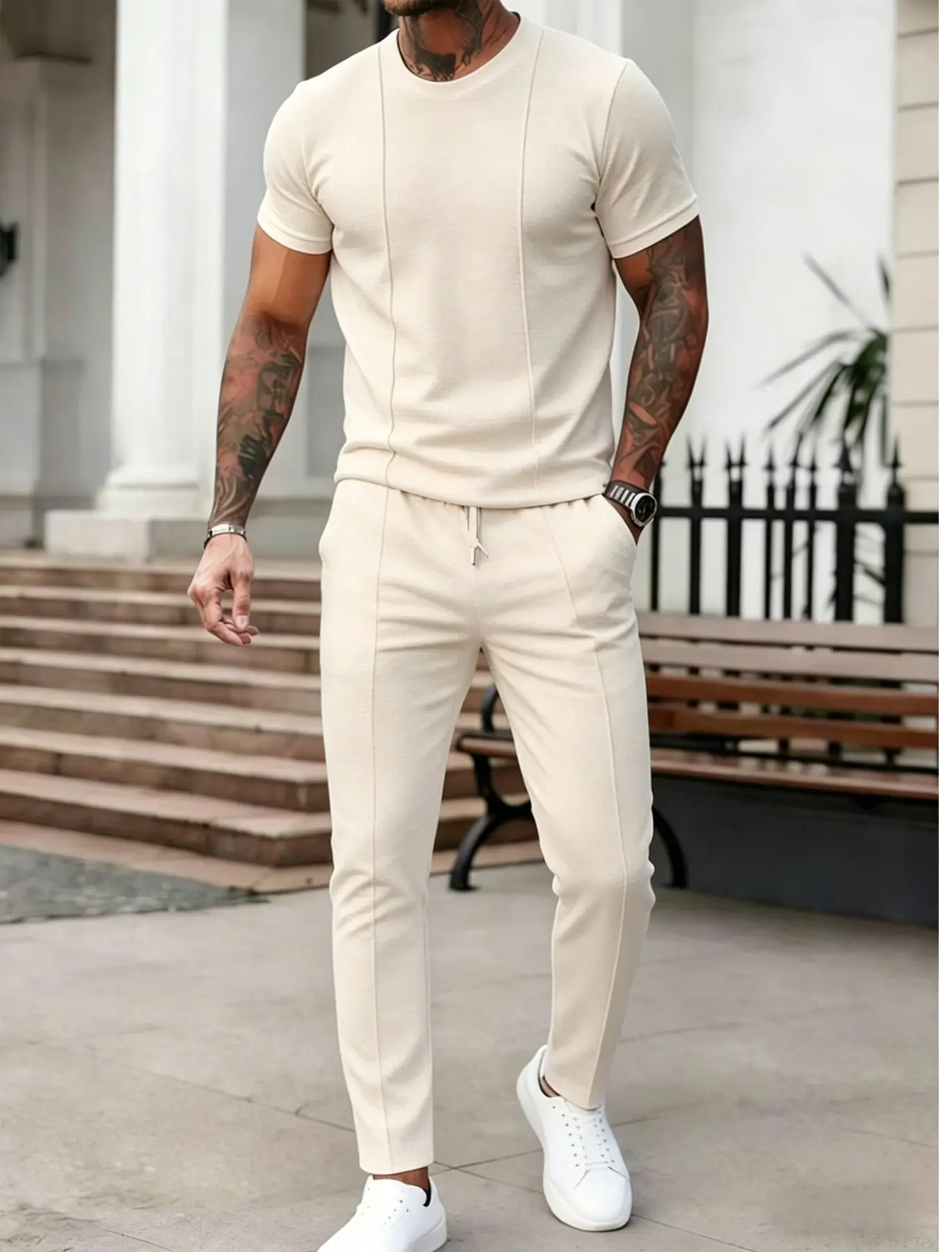 Two-Piece Men's Casual Plain Crew Neck Short Top and Comfortable Long Pants Set for Everyday Wear