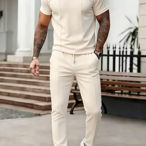 Two-Piece Men's Casual Plain Crew Neck Short Top and Comfortable Long Pants Set for Everyday Wear