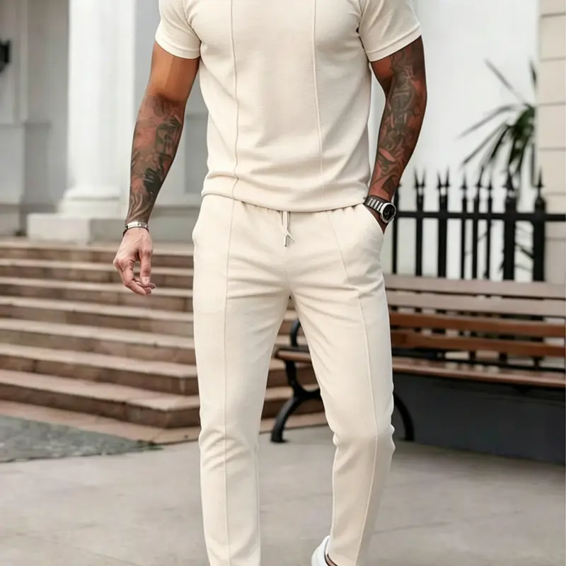 Two-Piece Men's Casual Plain Crew Neck Short Top and Comfortable Long Pants Set for Everyday Wear
