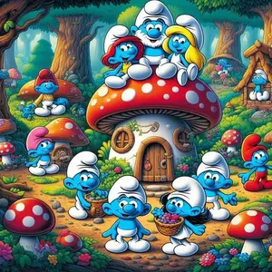 5D DIY Full Drill Round Diamond Painting - Diamond Art Painting Kit Smurfs, Mushroom House, Forest Mosaic, Canvas - DIY Wall Decor, Home Wall Decoration, Suitable for Halloween and Christmas, Birthday and Anniversary Gifts, Diamond Art Tools