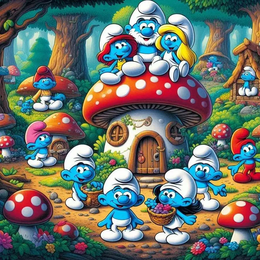 5D DIY Craft Full Drill Round Diamond Painting - Diamond Art Painting Kit Smurfs, Mushroom House, Forest Mosaic, Diamond Pattern Design, Canvas - DIY Home Wall Decor, Suitable for Halloween and Christmas, Diamond Art Tools