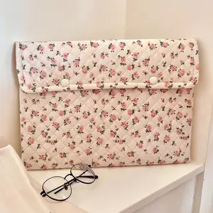 1PC Ditsy Floral Laptop Tablet Bag, Pink Corduroy with Diamond Quilting and Button Closure, Shockproof 10-11" Tablet 13-14" Laptop Sleeve Compatible with MacBook