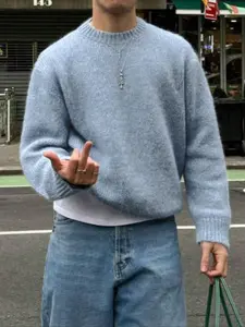 Men's Casual Loose-Fitting Long Sleeve Sweater Knitwear, Korean Style Plain Knit Pullover for Spring & Fall, Versatile Home Office Wear