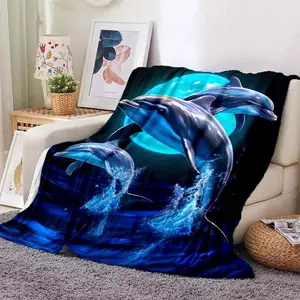 Multi-Size Dolphin Print Flannel Throw Blanket - Soft Durable Fleece, Moonlit Wave Design, for Bedroom & Living Room, Ideal Gift for Coastal Home Decor