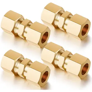 4 Pcs 3/8'' OD Compression Union Brass Compression Tube Fitting 3/8'' OD Tube Connector Use with Copper, Aluminum, Plastic Tubing, Watertight Seal Waterlines or Air Pneumatic