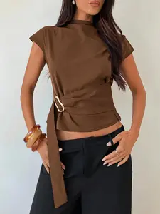 1 Piece Minimalist Crew Neck Sleeveless Textured Fitted Buckle Crop Top, Summer Essential