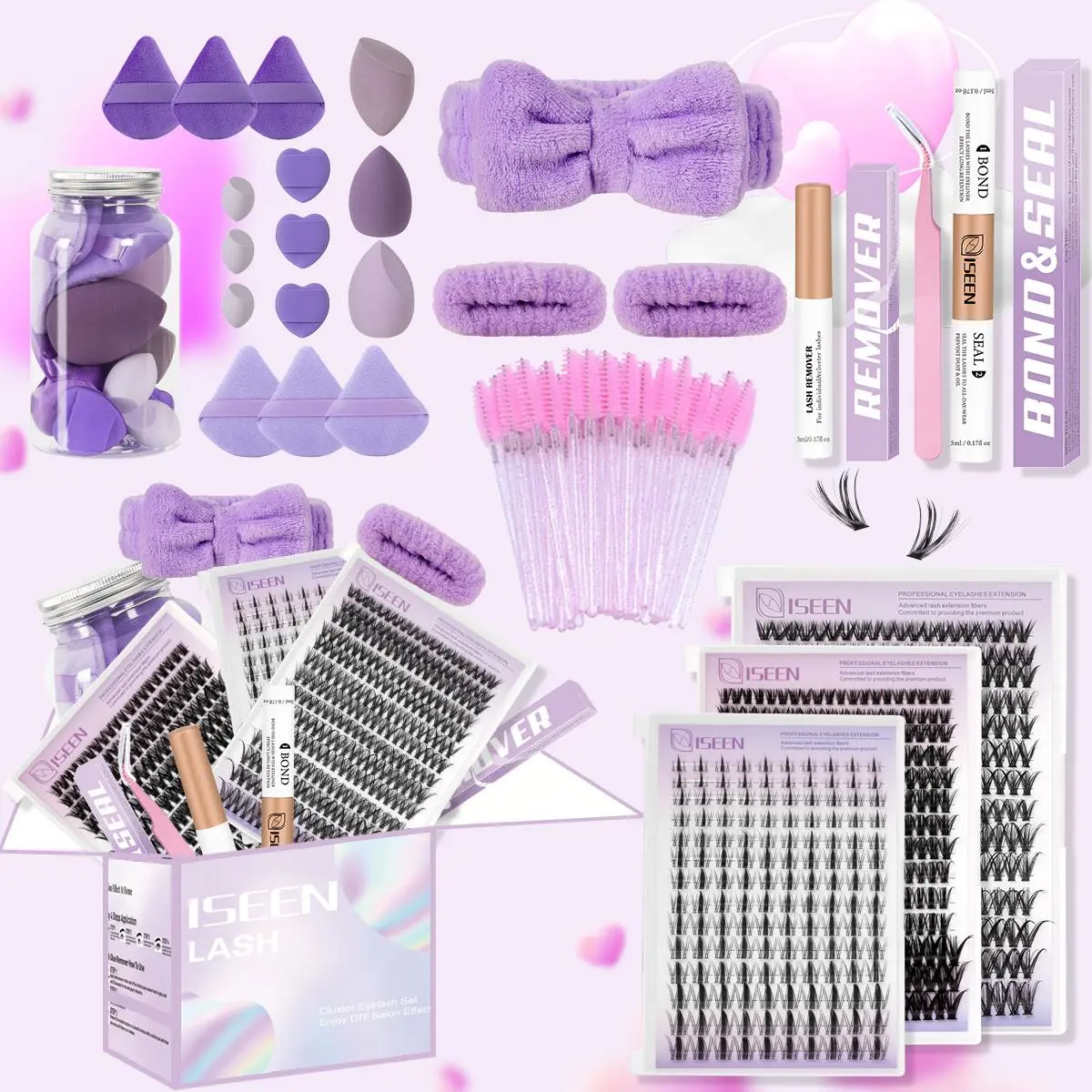 Professional Fake Lashes Makeup Set, 74pcs/set Natural Fluffy False Eyelashes & Lash Glue & Lash Remover & & Powder Puff & Wristband & Headband, Cosmetic, Eyelash Extensions Kit, DIY Lash Kit