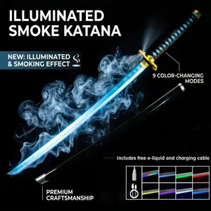 Anime "Demon Slayer"  Cosplay Prop:Sun Disk Evil Spirit Blade it includes a scabbard, a rechargeable USB light, and a wooden blade with a smoke vent. It can provide both light effects and smoke effects simultaneously. Retractable Multi-Color Lightsaber