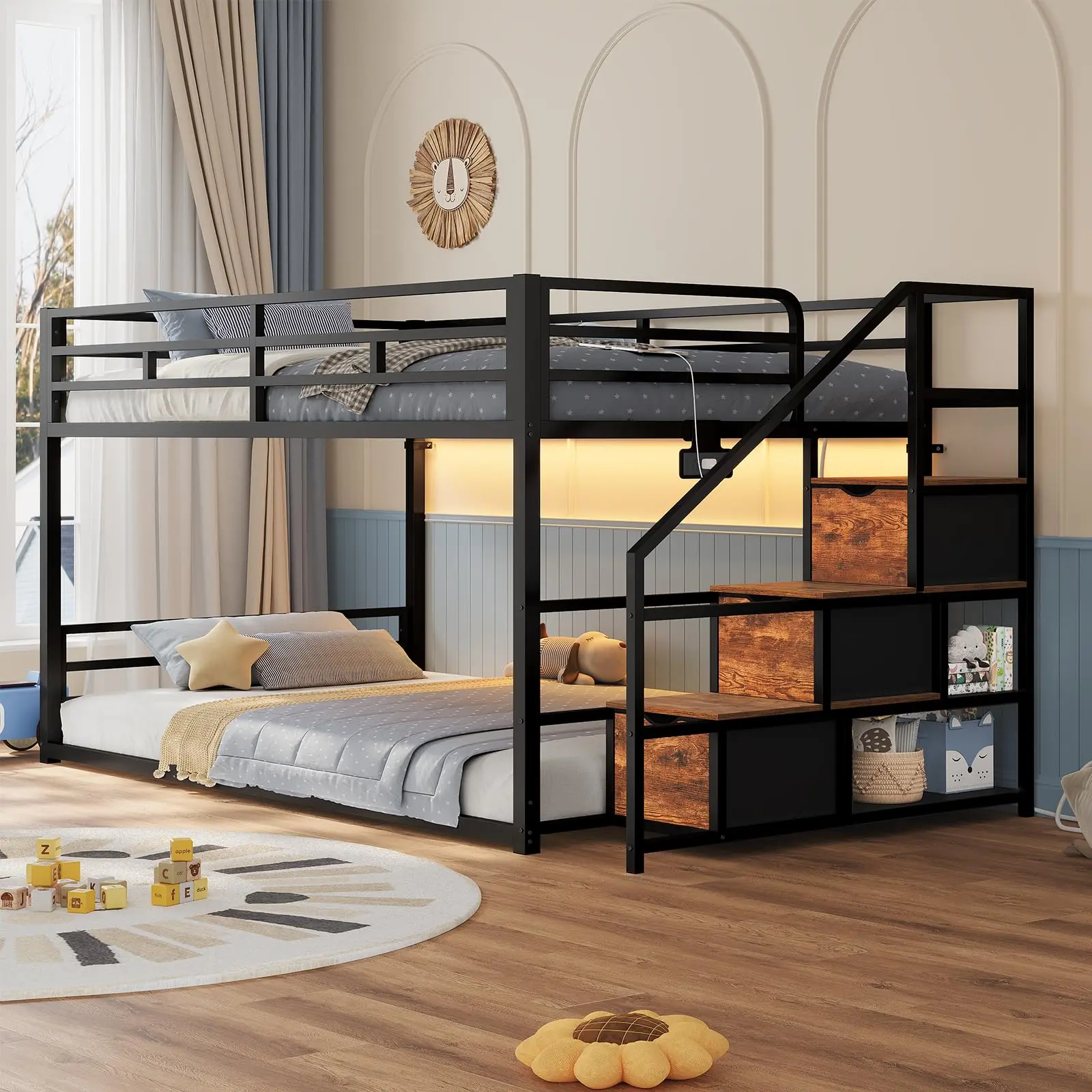 [SummerSale] Sikaic Twin Over Twin Low Bunk Bed with Storage Staircase, Drawers & Shelves, RGB LED Lights & Power Outlet, Metal Floor Bunk Bed with Full-Length Guardrails and Metal Slats, Space-Saving Kids Bunk Bed, Home Furniture, Dorm Essentials