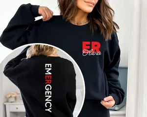 Custom Emergency Department Sweatshirt Personalized ER Nurse Sweatshirt Emergency Room Tech Gift Emergency Nurse Gift ED Crewneck Sweater Casual Fit Women's Clothing Long Sleeves Drawstring Kangaroo Pocket