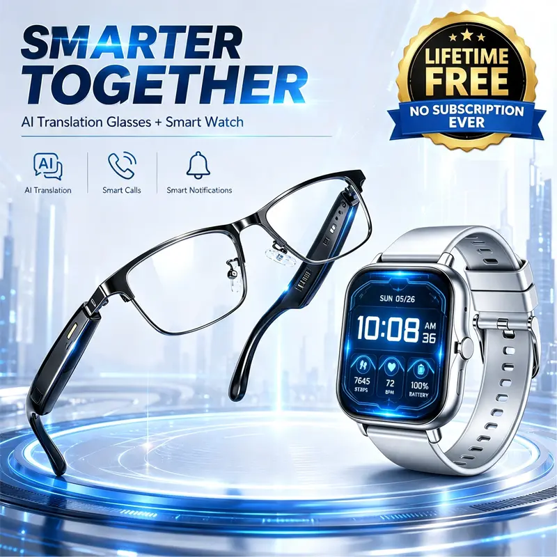 AI Translation Glasses & Smart Watch Combo. Real-time multi-language translation, smart calls, audio assistance, photochromic lenses, and notifications. Ideal for travel, business, and daily use. A perfect gift for Easter, and special occasions.