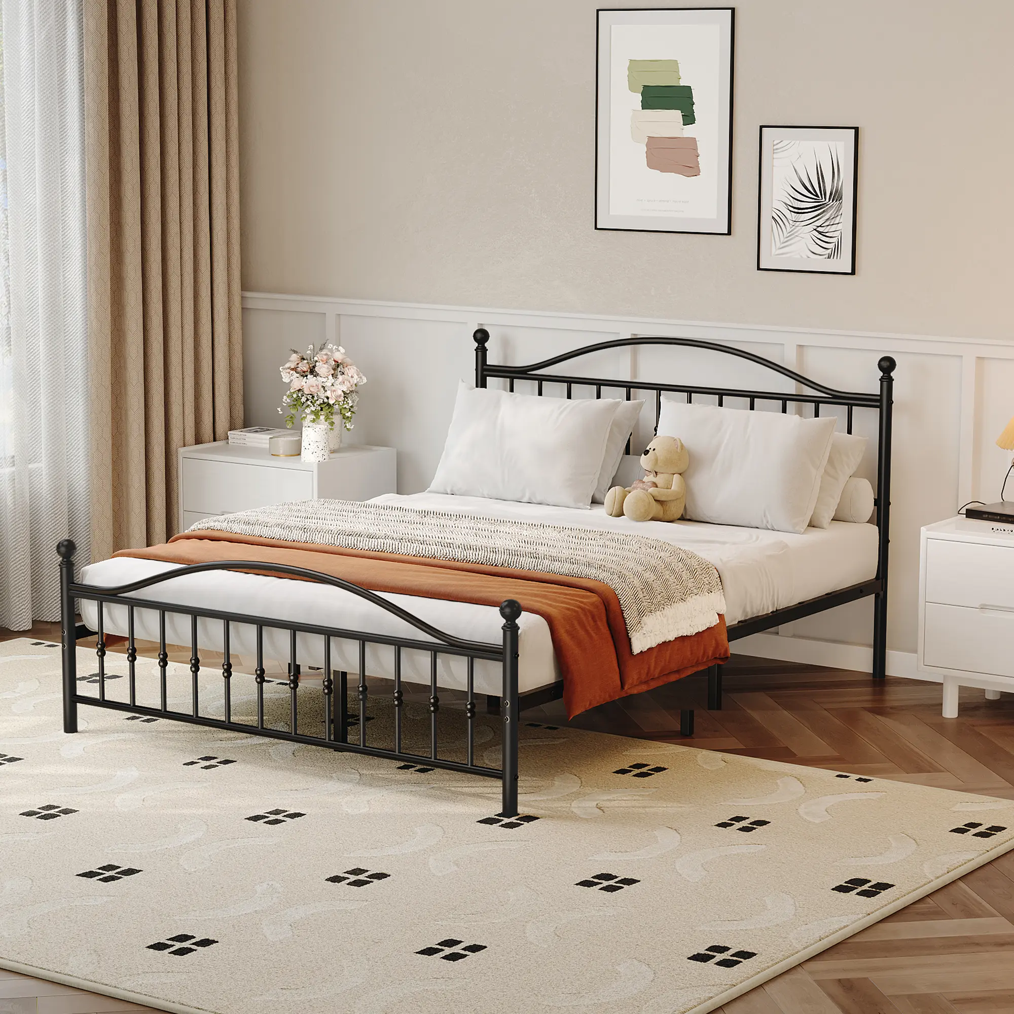 Vintage Circular Classic Design Headboard & Footboard Metal Bed Frame, Heavy-Duty Iron Modern Platform Bed, No Box Spring Needed, Noise-Free, Easy Assembly, Black (Twin, Full, Queen, King Sizes), Platform Bed Design, Storage Bed