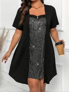 【Plus Size】2 IN 1 Patchwork Glitter Sequins Tee Dress, Casual Short Sleeve Dress for Summer, Women's Plus Clothes for Daily Wear