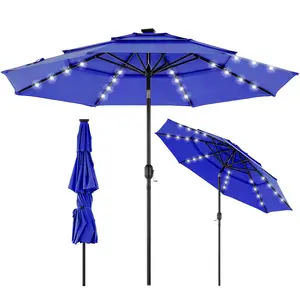 3-Tier Patio Outdoor Umbrella Solar 32 LED Lighted Table Market Umbrella with Tilt Adjustment Easy Crank for Garden Deck Backyard Pool and Beach