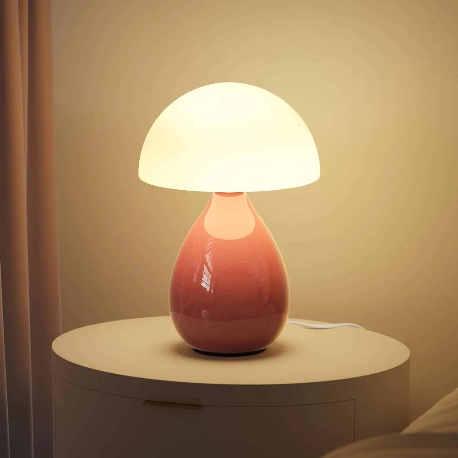 Mushroom Lamp Vintage Small Table Lamp for Bedroom Dimmable Warm White, Handmade Ice Crack Ceramic LED Night Light for Kids, Mid Century Modern Bedside Lamp for Nightstand, Living Room, Christmas Décor, Christmas Gift