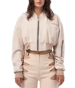 MINI BOMBER Women's Long Sleeve Casual All Seasons Cropped Denim Jacket with Elastic Waist & Cuffs Minimalist Graphic Zip Closure