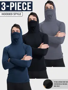 3-Piece Lightweight Hooded Long-Sleeve Athletic Compression Shirts Set, Performance Tops, Active Sportswear for Fitness Gym Exercise Activewear Gym Tops