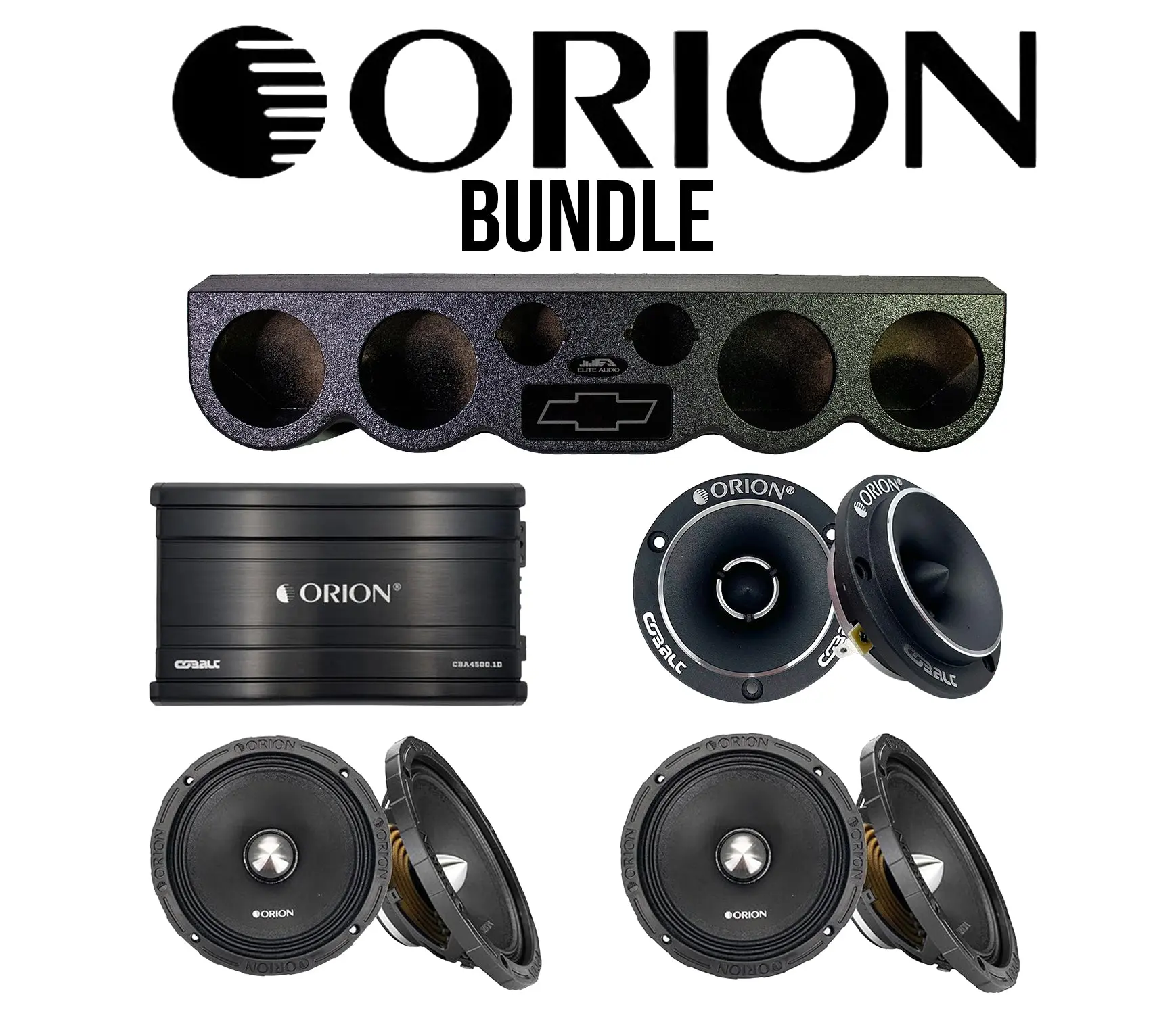Orion Car Audio Bundle – 38" Roof Rack Sound Bar Pod w/ Chevy Logo + 2 Orion XTR652NEO 6.5" Midrange Bullet Speakers + Orion CTW2.0NEO 3.8" Tweeters + Orion CBA4500.4 - Cobalt 4 Channel Class A/B 4500 Watt MAX Amplifier