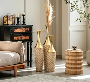 Handcrafted Metal Floor Vase Set - 3-Piece Gold & White Textured Tall Vases (27.56in, 31.5in, 35.43in) for Living Room Modern Glam Decor, Pampas Grass Holder, Ideal Housewarming Gifts