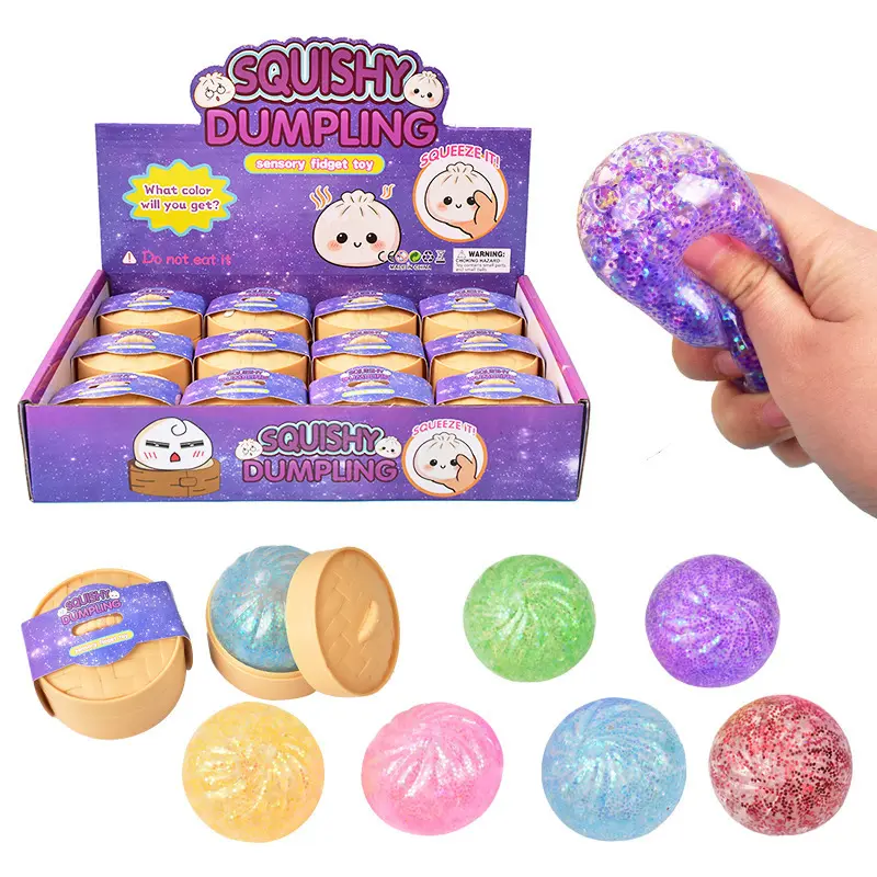 Dumpling Squishies Glitter Fidget Toy, Assorted Color Squeeze Ball, Sensory Decompression Toy for Kids, Goodie Bag Fillers