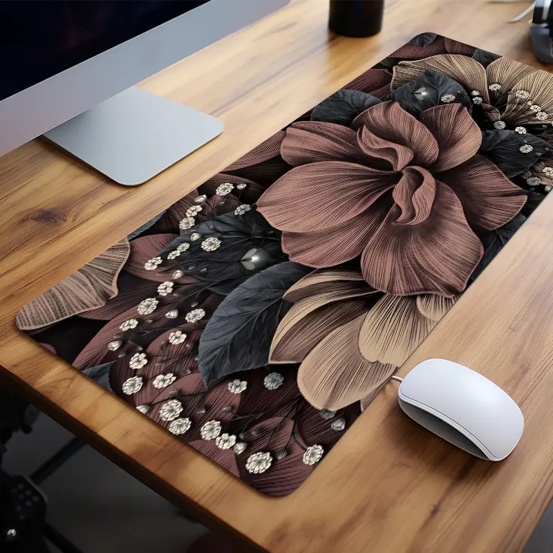 Extra Large Floral Art Deco Mouse Pad Leather-Textured Gaming Desk Pad 35x16 Inch Computer Keyboard Mousepad with Non-Slip Rubber Base Durable Stitched Edge Perfect Gift for Home and Office, Gaming Desk Accessory, Office Desk Accessories