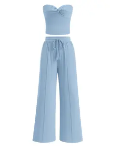 BTFBM Two-Piece Sets For Women Summer Ribbed Strapless Twist Knot Tube Top Pants Set Casual 2026 Beach Vacation Outfits