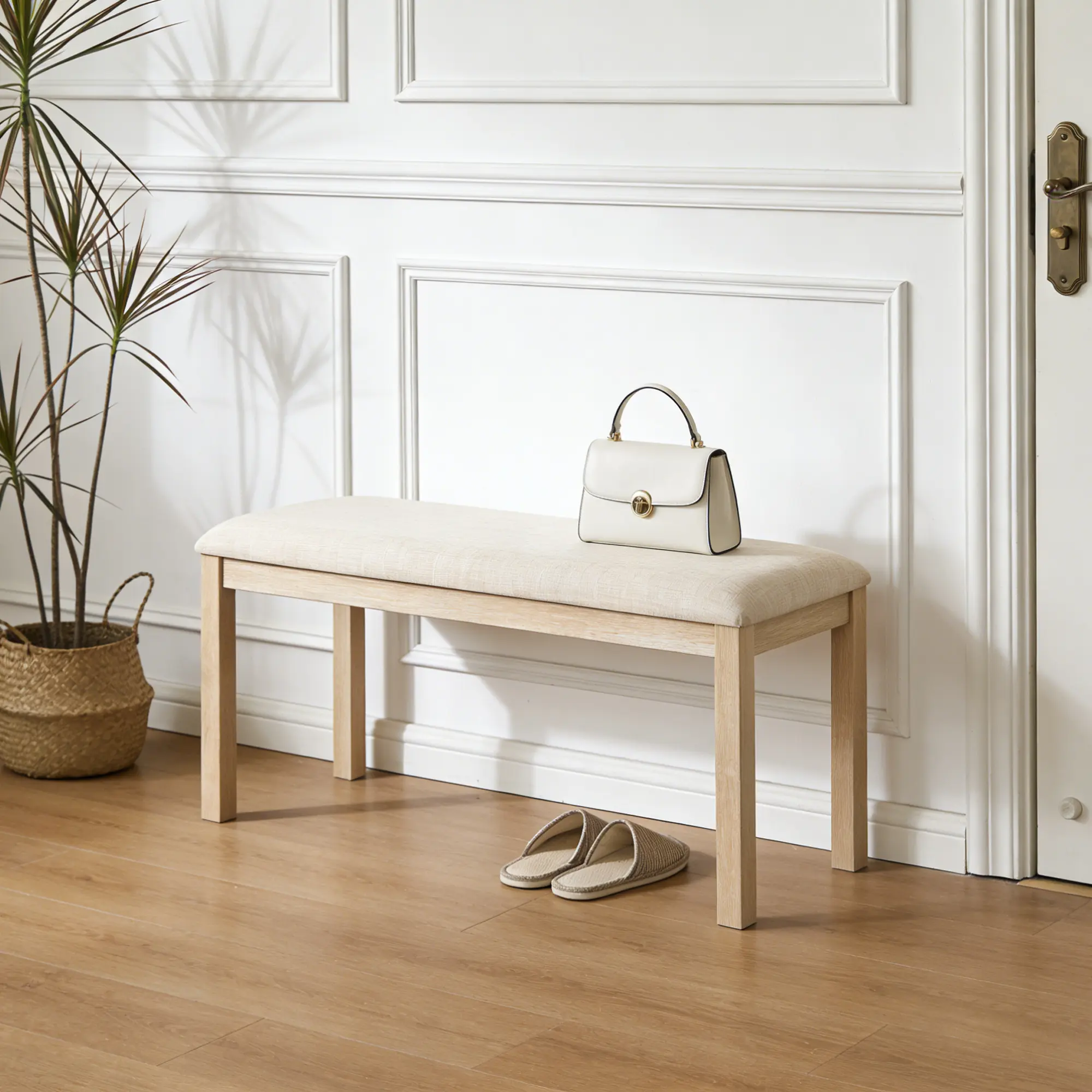 Padded Upholstered Bench with Solid Wood Legs, 38-Inch, Beige & Light Oak – Ideal for Dining, Bedroom, Hallway