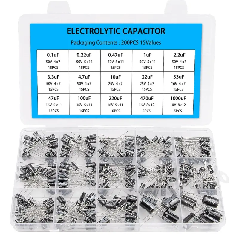Durable and Stable Cylindrical Aluminum Electrolytic Capacitor Kit (200PCS,15 Value Capacitors,0.1uF-1000uF,10V-16V-25V-50V,±20% Tolerance,-40℃ to +105℃) in Pre-Labeled Plastic Box for Filtering, DIY Electronics Repair by Hobbyists