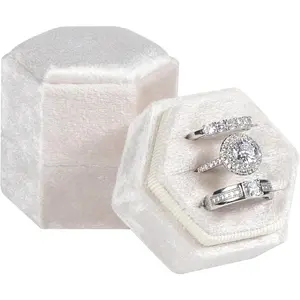 PrimPick Velvet Ring Box 3 Slots, Gift Jewelry Box, Wedding Hexagon Engagement Ring Box for Proposal Engagement Wedding Day Bridal Photo