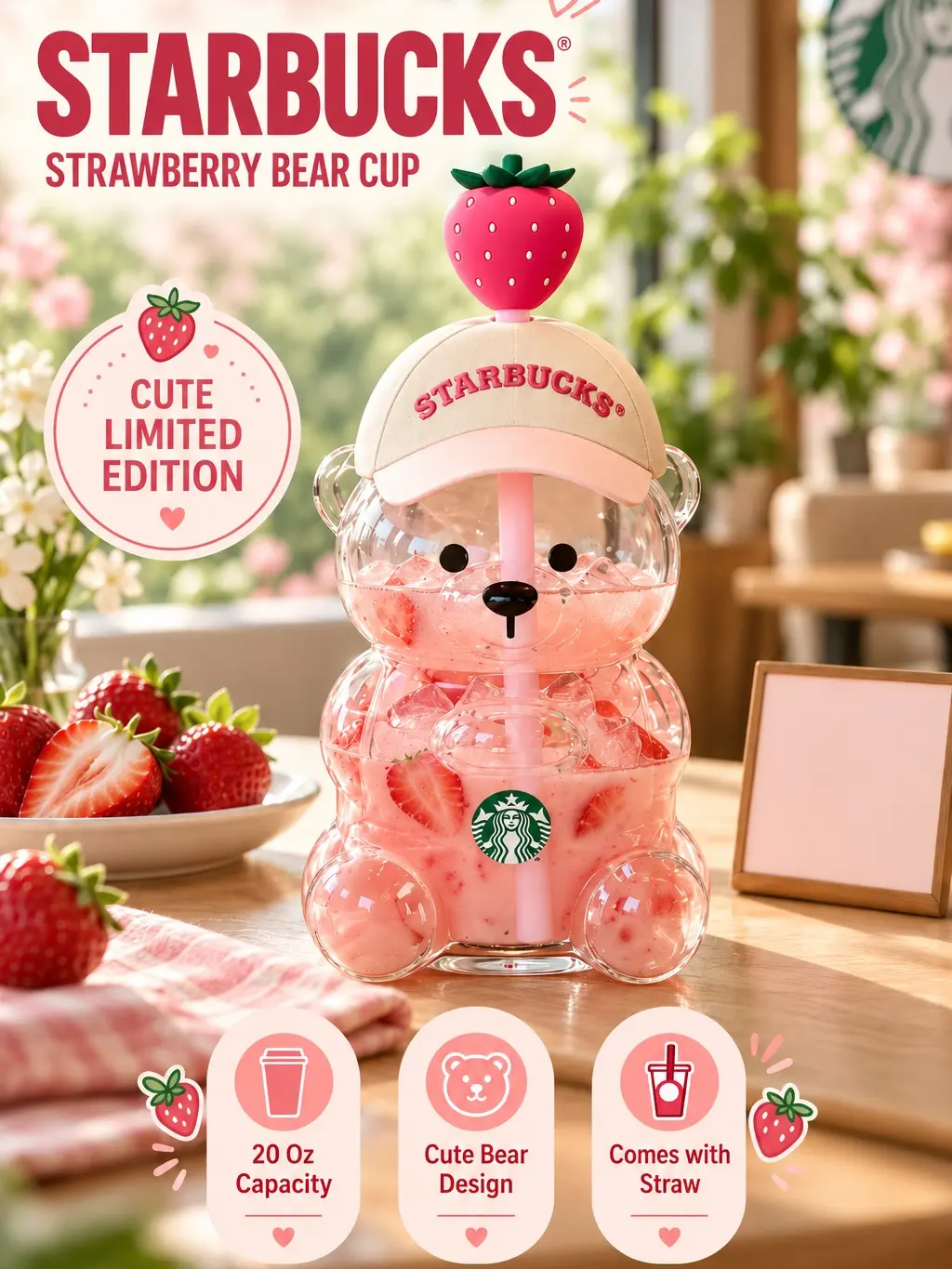Starbucks 2026 Bear Cup 20oz – Halloween Pumpkin & Strawberry Edition, Cute Teddy Tumbler with Straw, Reusable Iced Coffee Cup, Limited Edition Gift