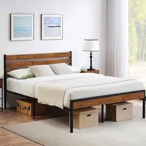 【Christmas Gift】Brown Queen size bed Platform Twin Bed Frame With Rustic Vintage Wood Headboard And Under Bed Storage, Strong Metal Slats Support, Mattress Foundation No Box Spring Needed