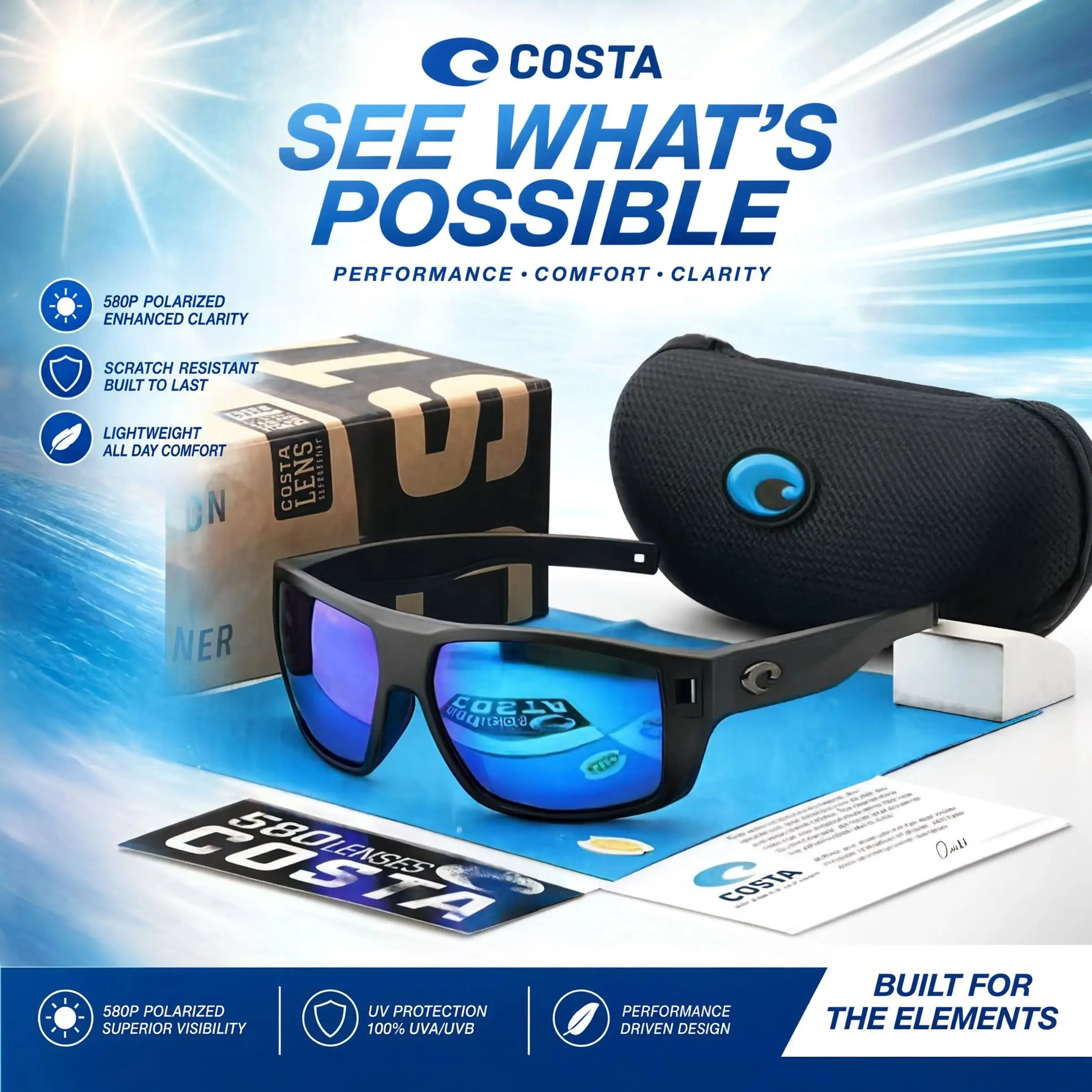 Costa Del Mar Sunglasses Diego Mens Polarized Sunglasses, UV Protection for Fishing, Boating & Beach 580G Size 59