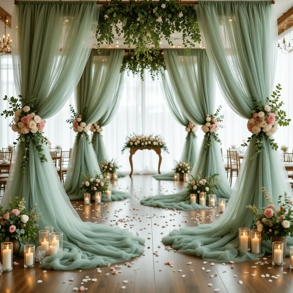 2 pieces of 0.75*8.5m/29.53x334.6 inches sage green sheer netting, indoor wedding aisle and hallway decor, birthday party chair back decorations, romantic date scene setup, soft and comfortable polyester fabric transparent gauze